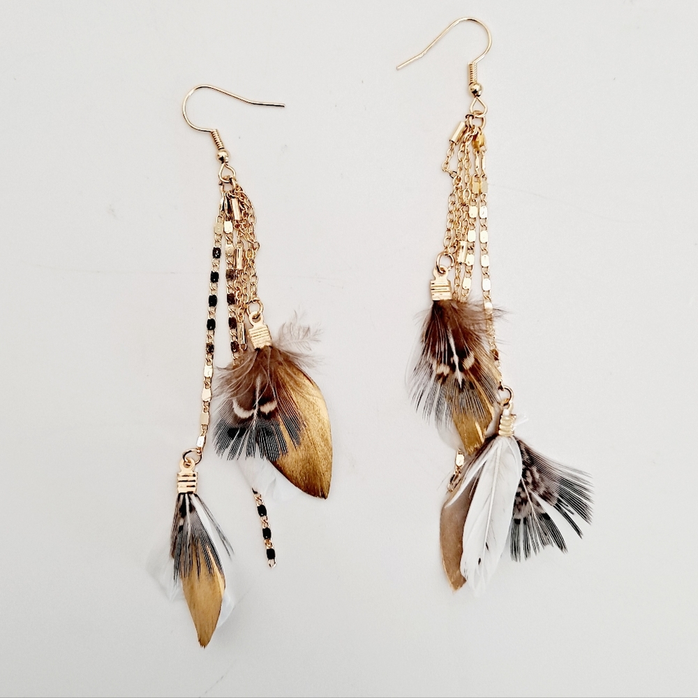 Women's long boho Gold tassel drop multicolor feather earrings 2/$30 - Picture 10 of 12